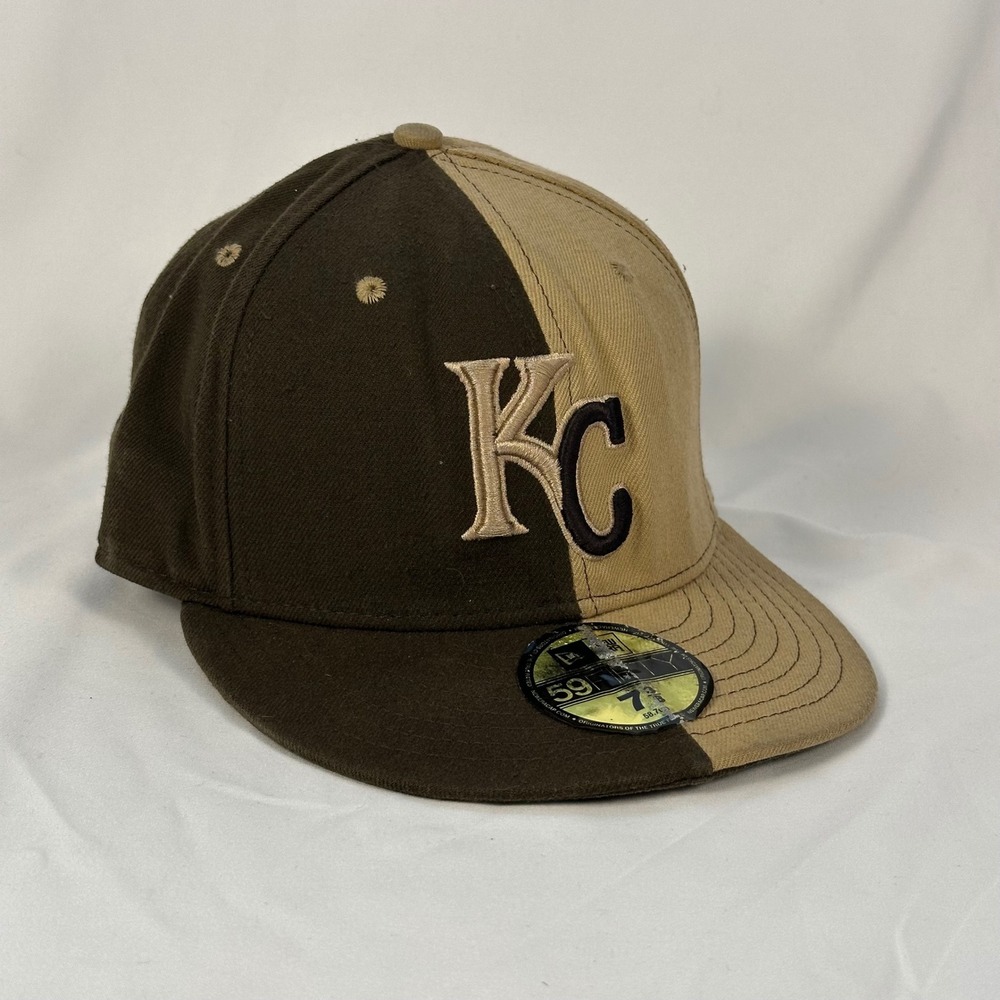 Vintage KC Royals New Era 59FIFTY Fitted Hat Mens 7 3/8 Brown Tan Split Two-Tone